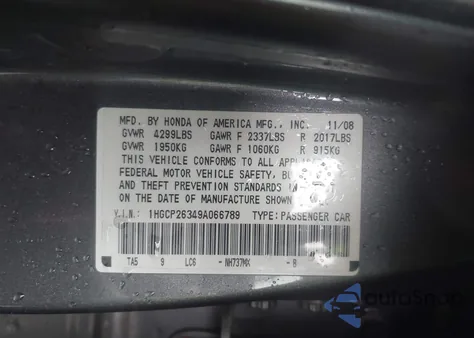 2009 Honda Accord 2.4 Lx from USA, damaged, VIN 1HGCP26349A066789